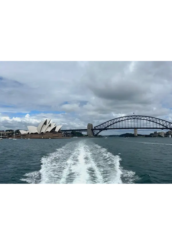 Sydney Harbour from the back of a ferry, the Opera House and the bridge in one frame.