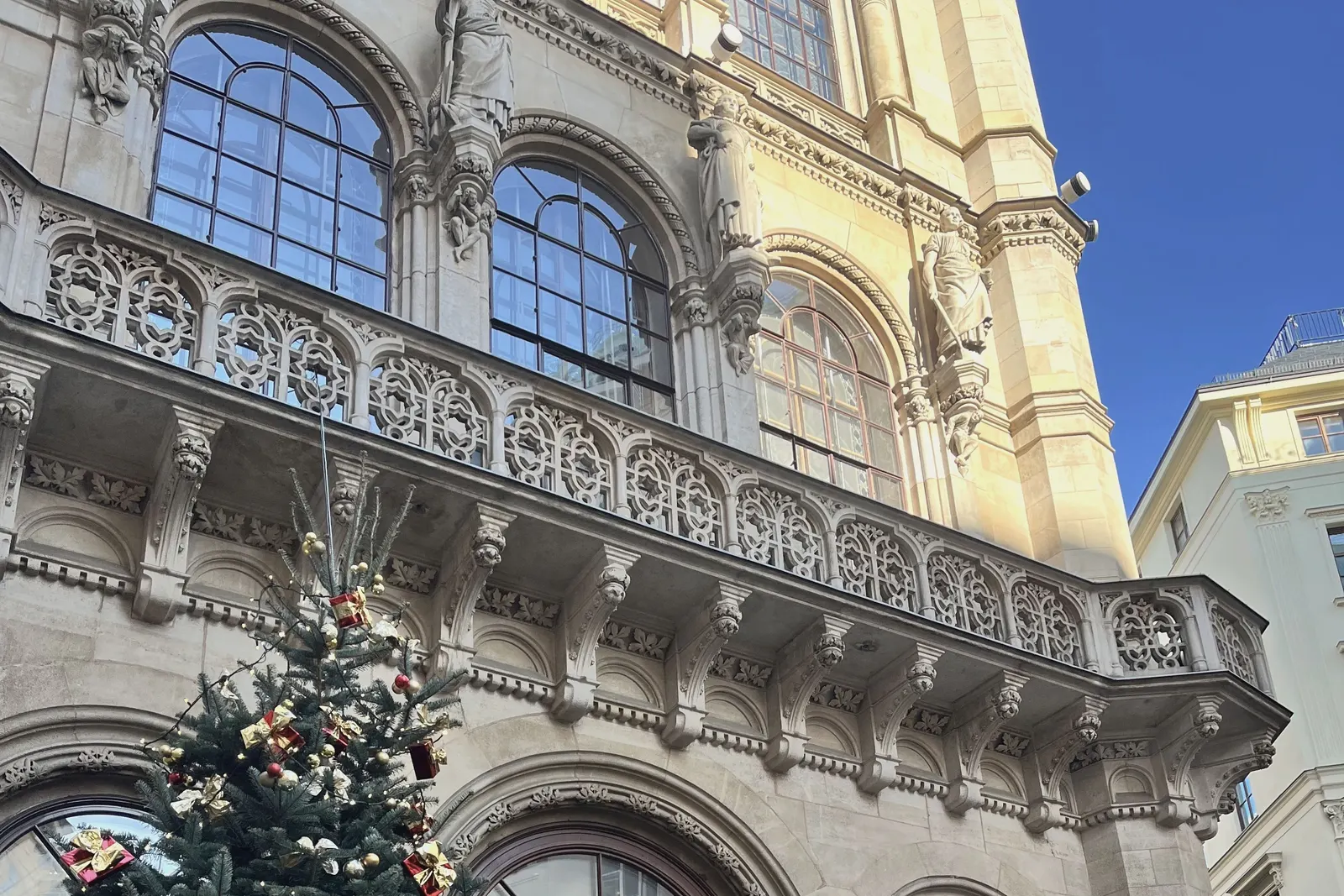 A Christmas tree outside a Vienna café, the facade rising behind it.