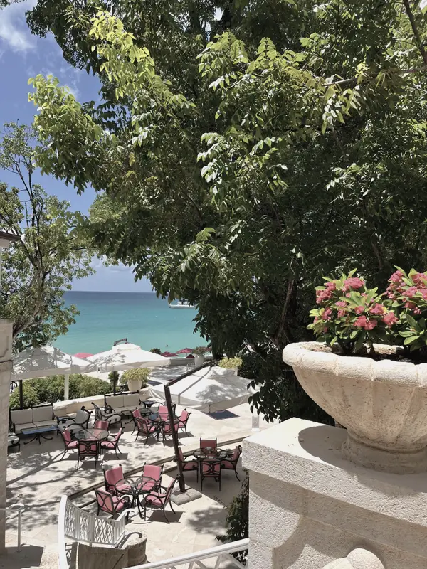 A terrace above the beach, planted urns and loungers under the trees.