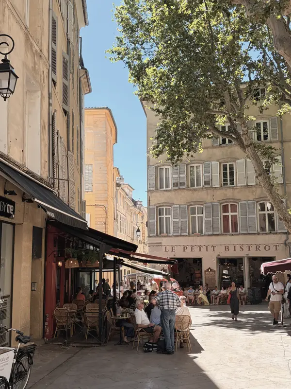 A café terrace under plane trees on a square, tables full in the middle of the day.