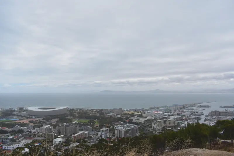 Cape Town from the slopes above the city, the stadium and Table Bay laid out below.